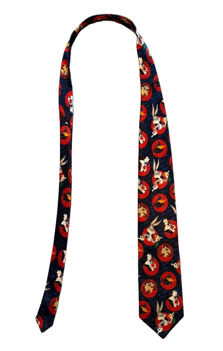 Vintage 1999 Looney Tunes Mania Tie Mens Navy Bugs Bunny Daffy Taz Cartoon AOP